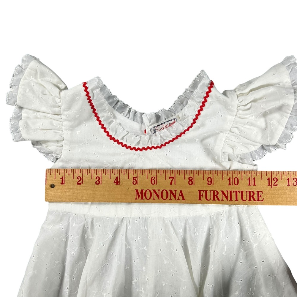 Vintage Handmade Eyelet Dress Red Rickrack Trim Toddler 2T 3T Cottagecore - Picture 2 of 10
